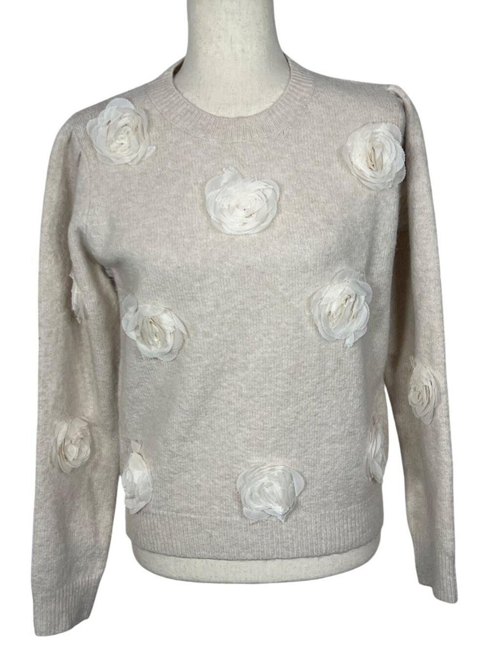 RAIN + ROSE Pullover Crewneck Sweater with 3D Floral Appliques Beige Sz S NWT